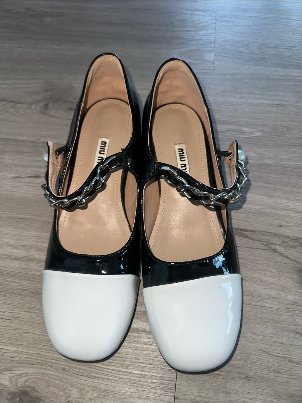 Miu Miu Black and White Patent Leather Chain Strap Block Heel